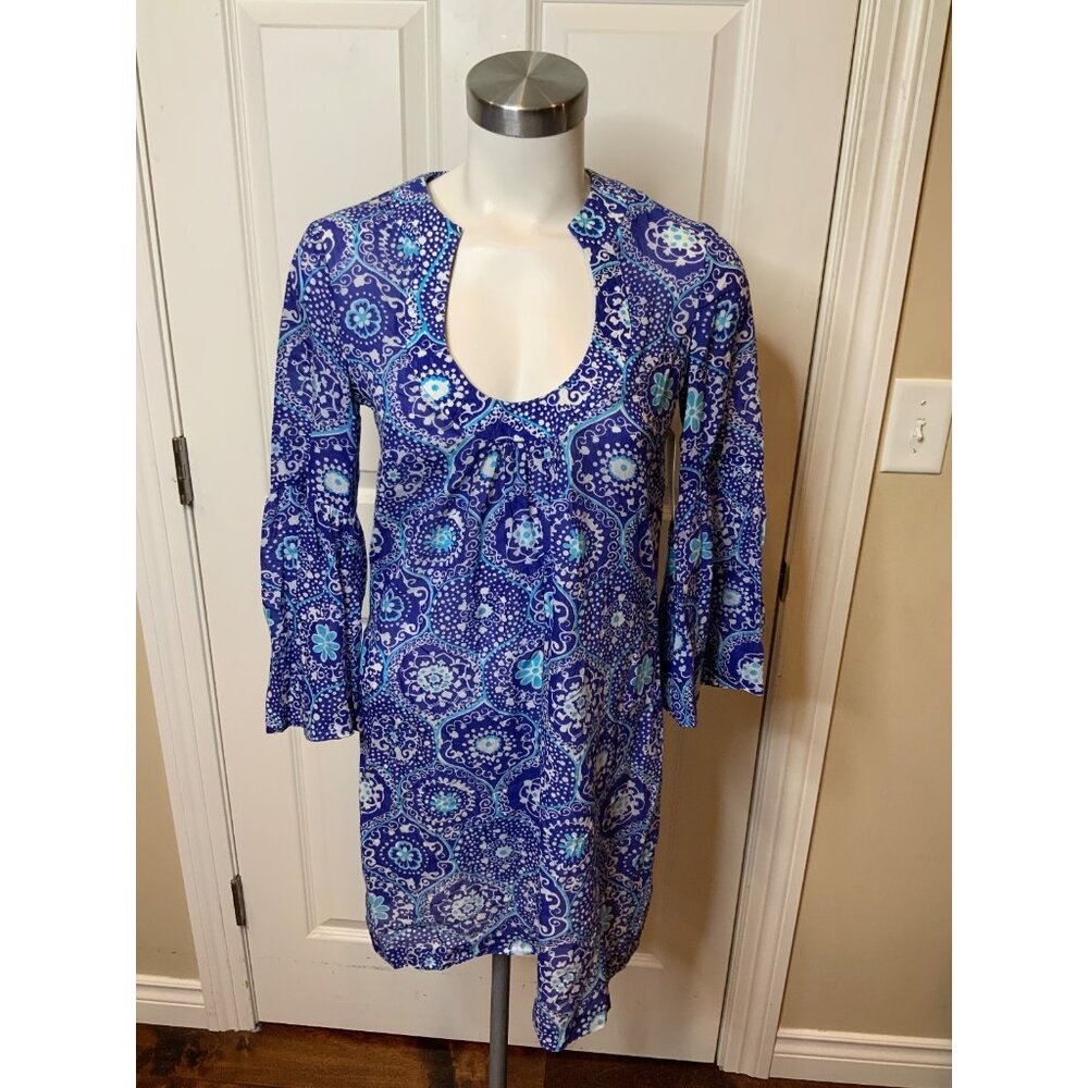 Trina Turk Blue & White Floral Geometric 3/4 Sleeve Dress Beach Cove, Size 2(US)
